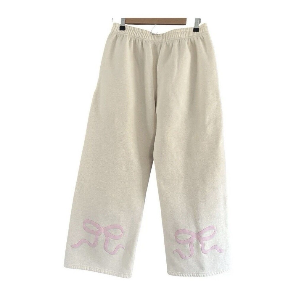 Edikted Bonney Bow Detail Baggy Straight Cream Sweatpants Women’s Medium NWOT